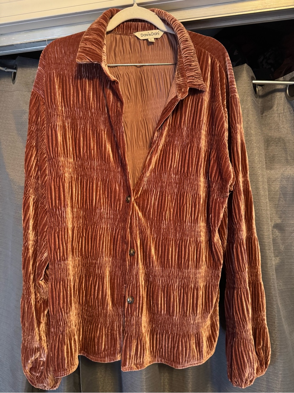 Davi & Dani Button Front Velvet Top in Rusty Red Large Like New